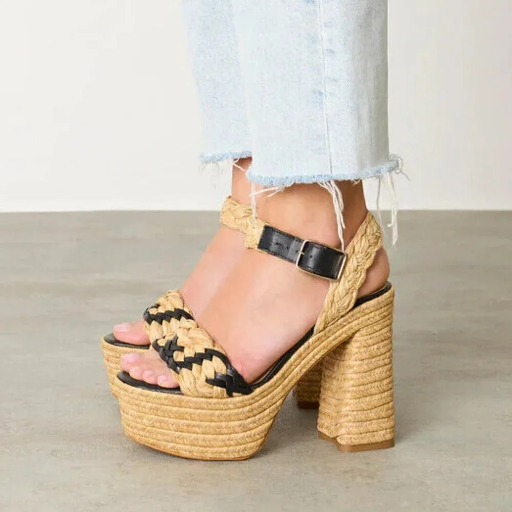 Castaner Agnes Natural & Black Woven Raffia  Tall Sandals Platform Heels 39 US 8